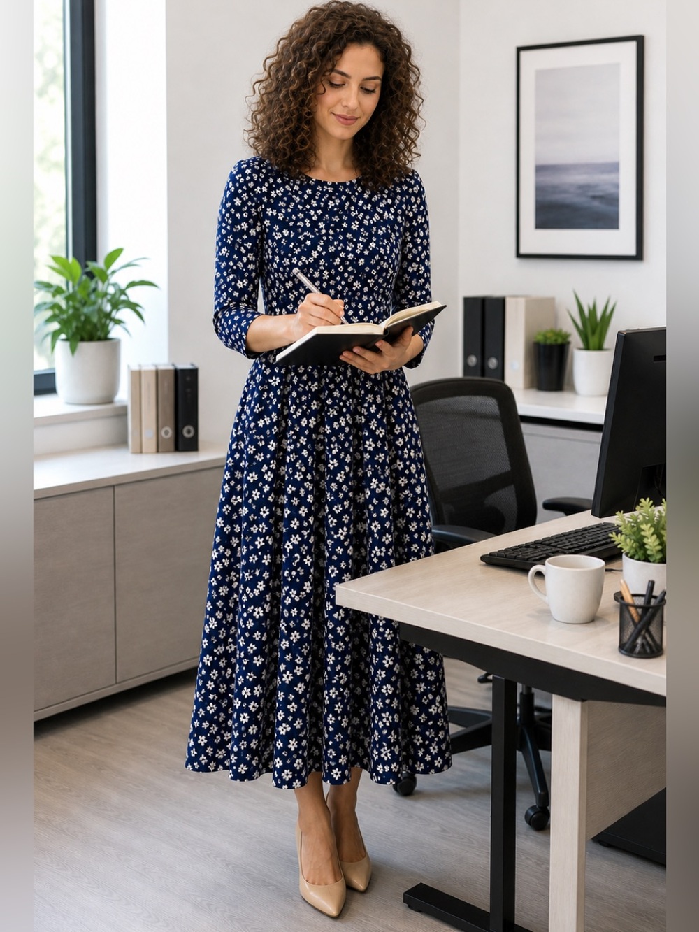 Source Unknown Navy and White Floral Midi Dress with Pockets